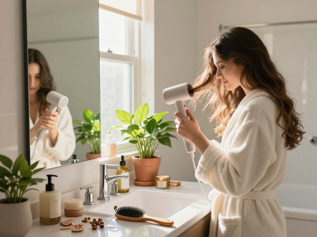 Woman using a small hair dryer in a bright bathroom, sunlit atmosphere with beauty products.