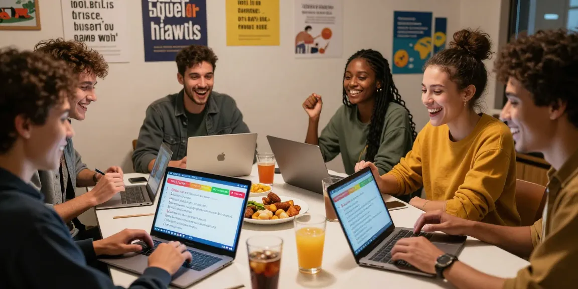 Group of friends enjoying Quiz Allgemeinwissen together online, surrounded by trivia and laughter.