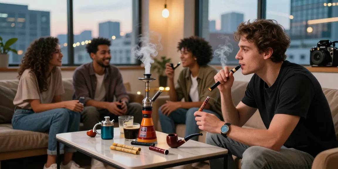Friends socializing over rokok88 smoking accessories in urban lounge.