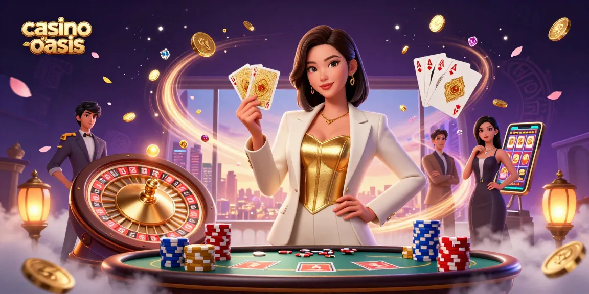 Experience the excitement of casino ohne oasis with a powerful woman holding golden cards surrounded by vibrant casino elements.