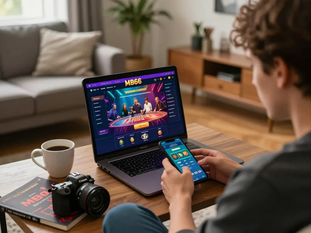 Player engaging with MB66 online casino platform in cozy living room, showcasing strategic gambling moments.