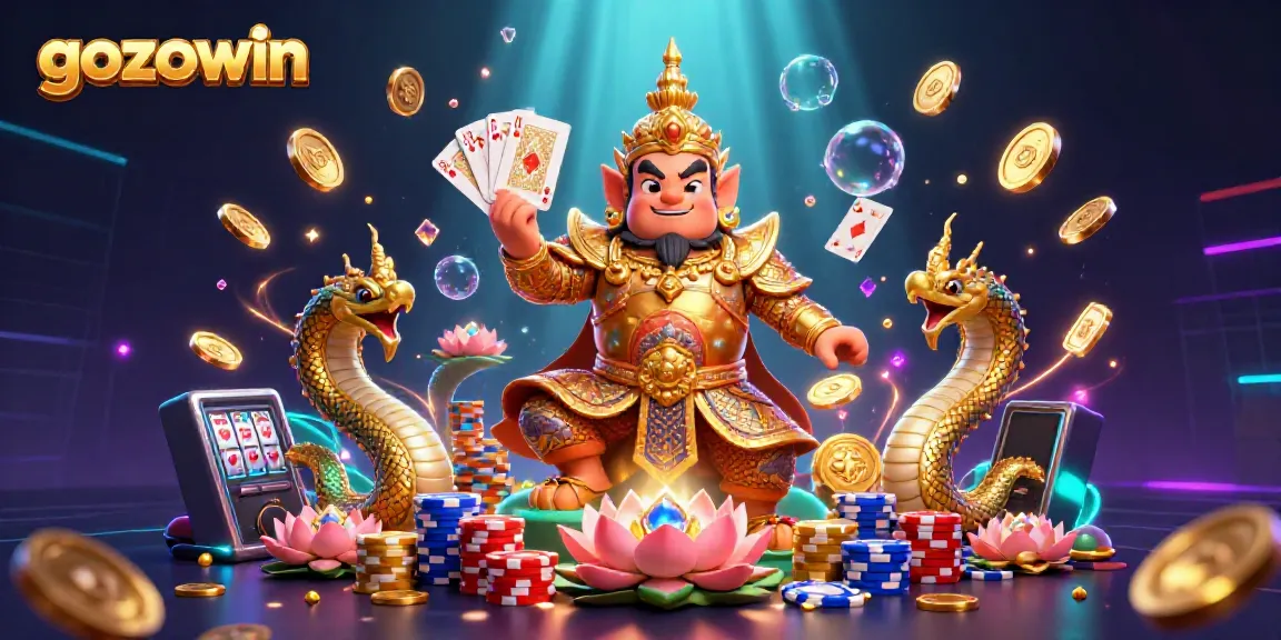 Experience thrilling moments with gozowin as the fantasy guardian and Naga serpents surround dazzling casino elements.
