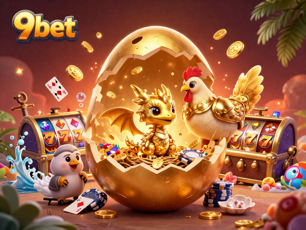 Win big at 9bet with a vibrant 3D illustration of a dragon on poker chips and casino elements.