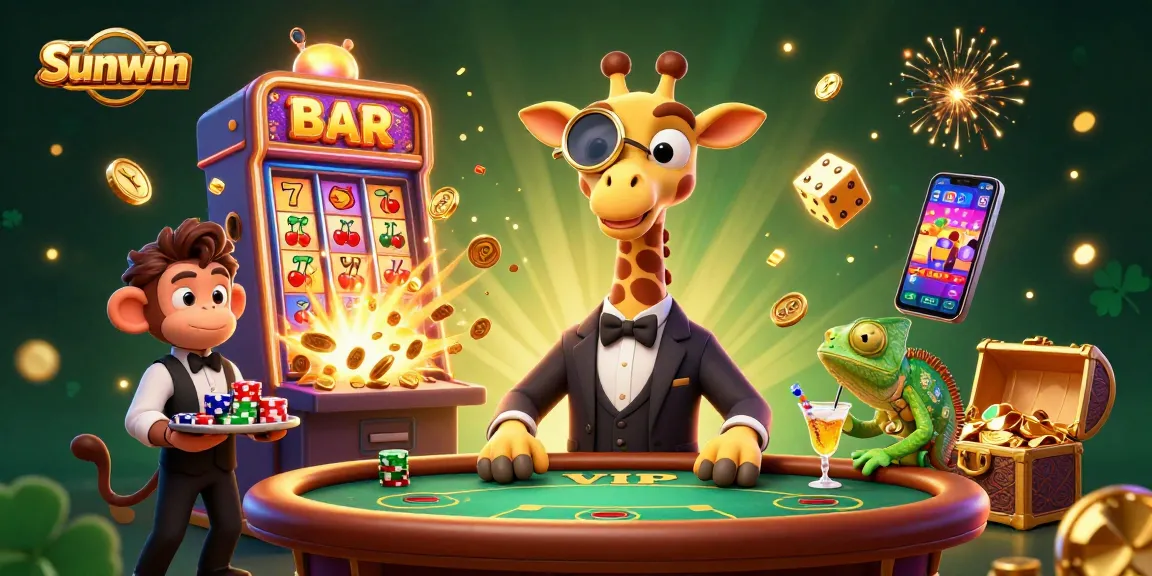 Engage in thrilling casino action with Sunwin's high-roller giraffe and vibrant slot machine.