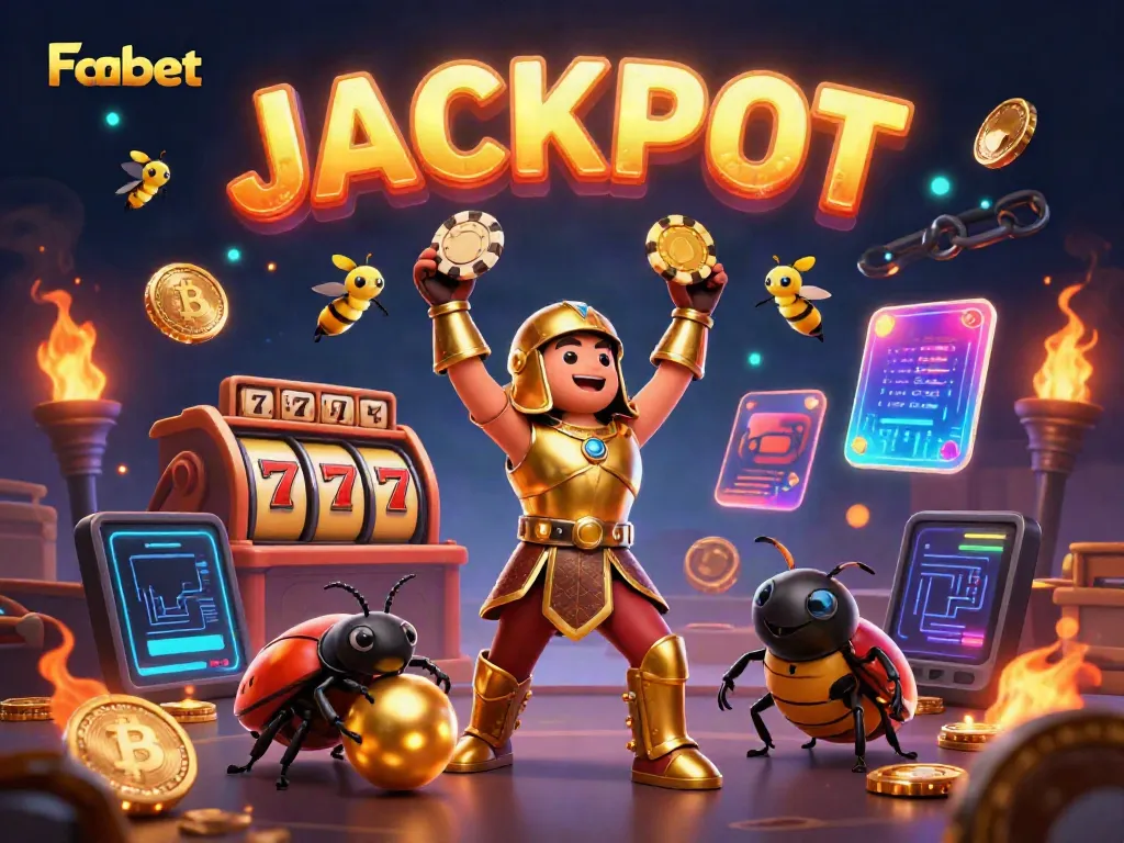 Win big with Fabet in an exciting casino adventure featuring a victorious beetle and golden elements.