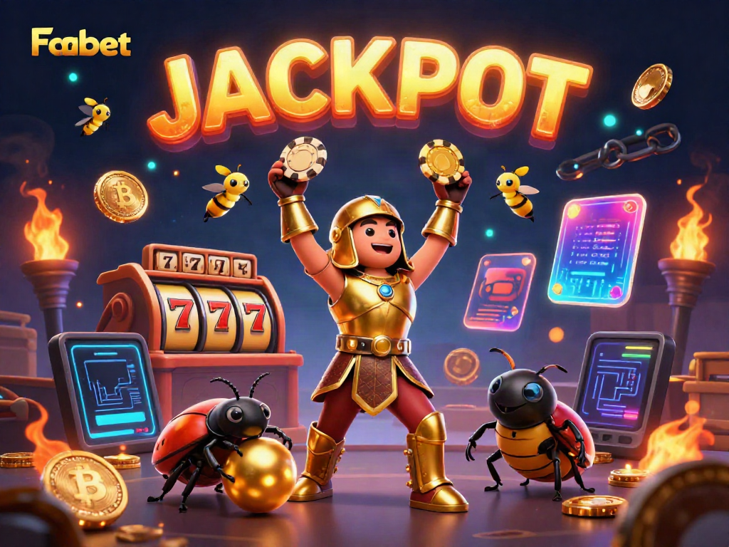 Win big with Fabet in an exciting casino adventure featuring a victorious beetle and golden elements.