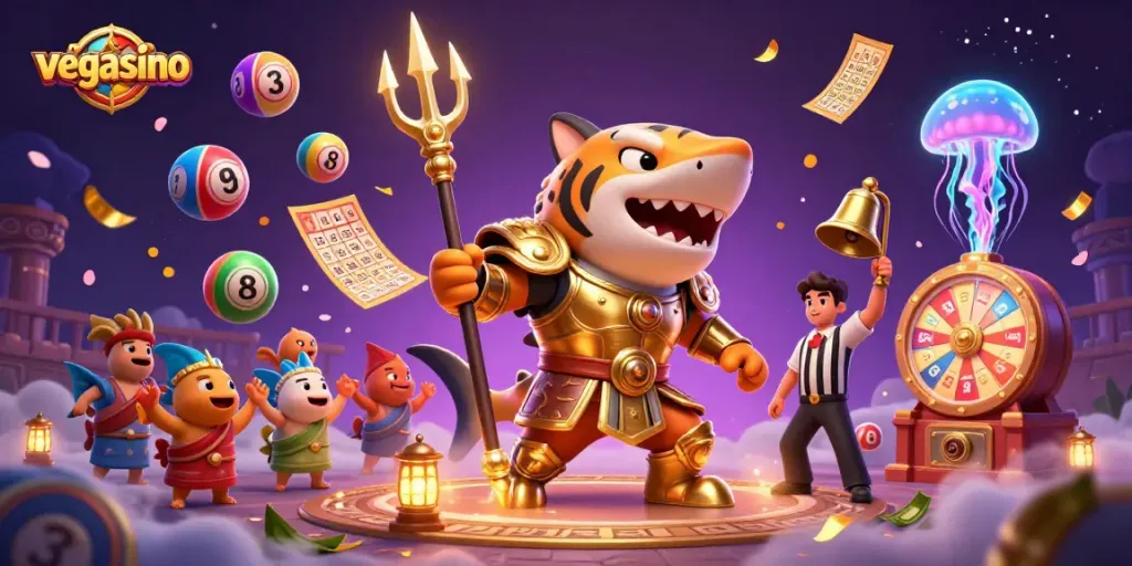 Experience the thrill at vegasino as the shark gladiator claims victory in a colorful casino arena.