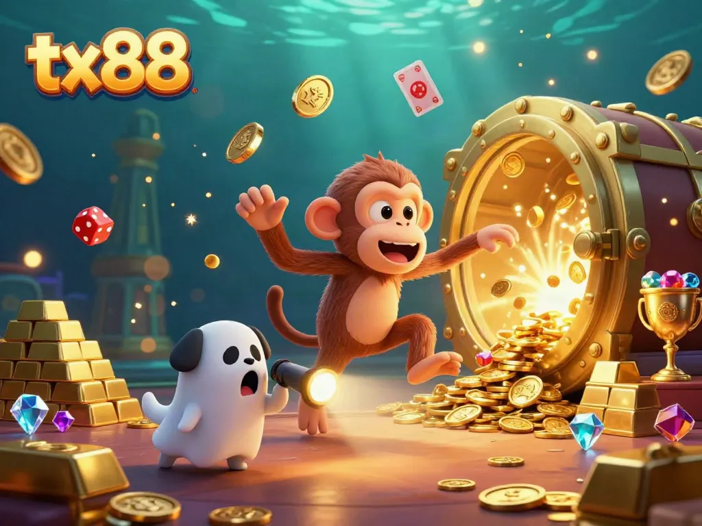 Experience exhilarating gaming at tx88 with a mischievous monkey and ghost-hunter puppy in a lively casino scene.