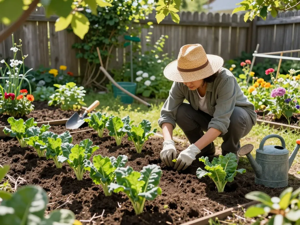 Gardener planting lauch pflanzen in a vibrant home garden with fresh soil and sunlight.