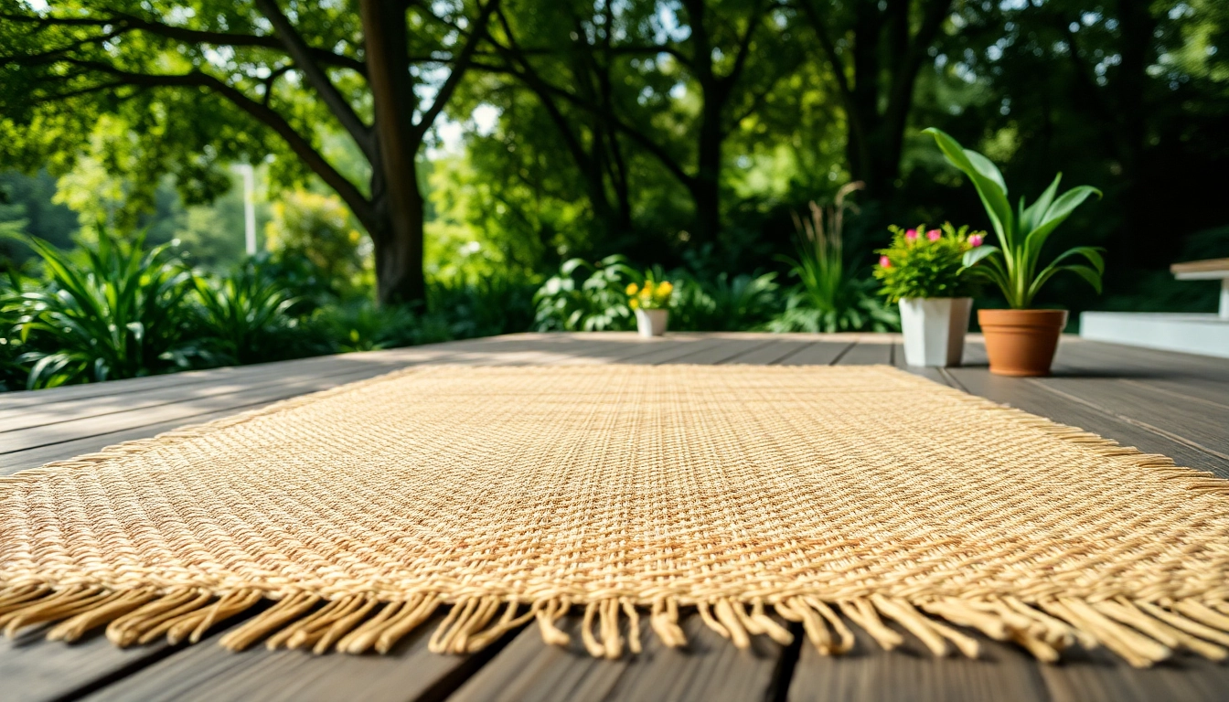 Hanfmatte auf einem Holzdeck in einem Garten, umgeben von Pflanzen und natürlichem Licht.