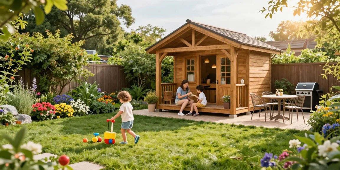 Ein Gartenhaus aus Holz mit Familie im Freien, Spielzeug und blühenden Blumen.