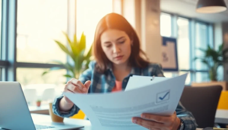 Person checking a document with a visible check mark in an inviting office setting.