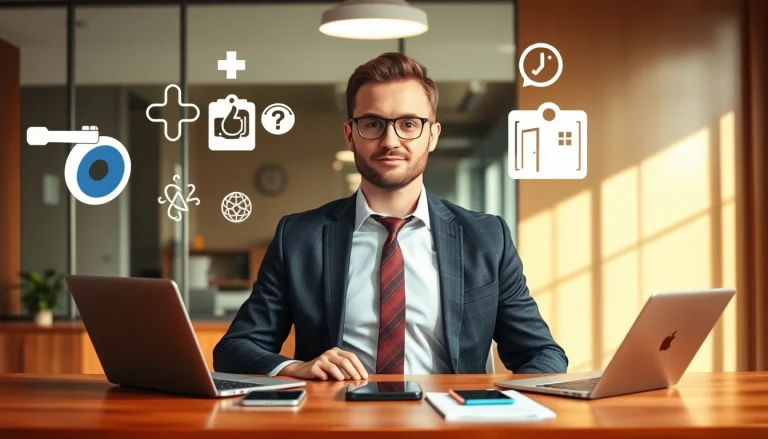 Headhunter Gesundheitswesen bei der Arbeit im modernen Büro, umgeben von medizinischen Symbolen und Technologien.