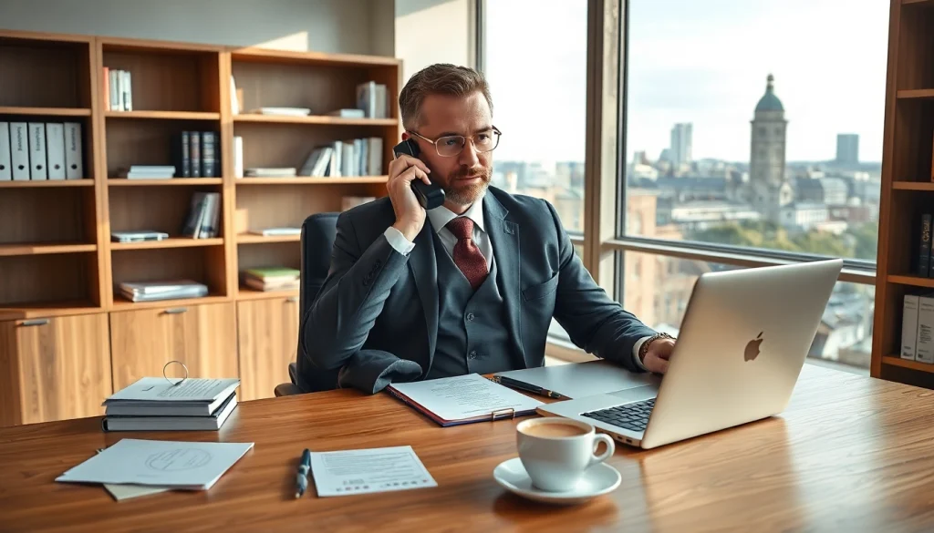 Der Headhunter Bonn kommuniziert professionell am Schreibtisch.