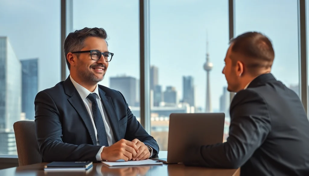 Headhunter Frankfurt bei einem Beratungsgespräch in modernem Büro mit Skyline-Hintergrund.