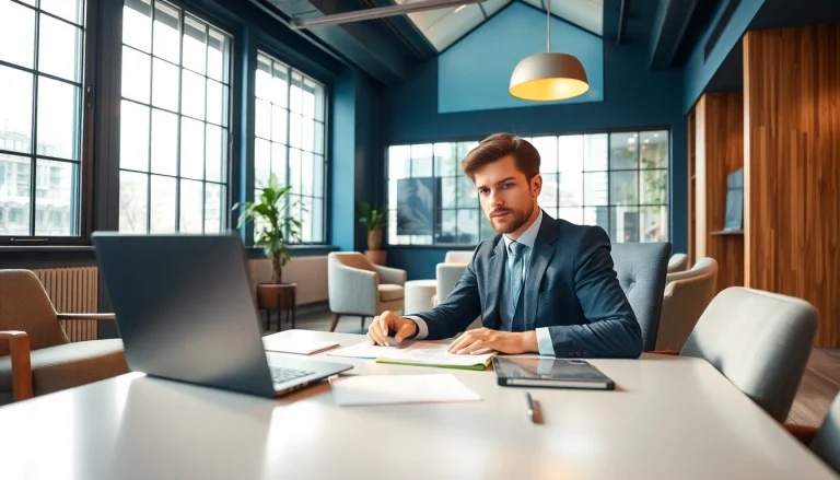 Headhunter arbeitet konzentriert am Laptop in modernem Büro, umgeben von eleganter Ausstattung.
