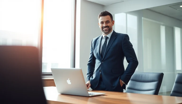 Professioneller Headhunter Hagen im modernen Büro, lächelnd am Schreibtisch mit Laptop und Unterlagen.