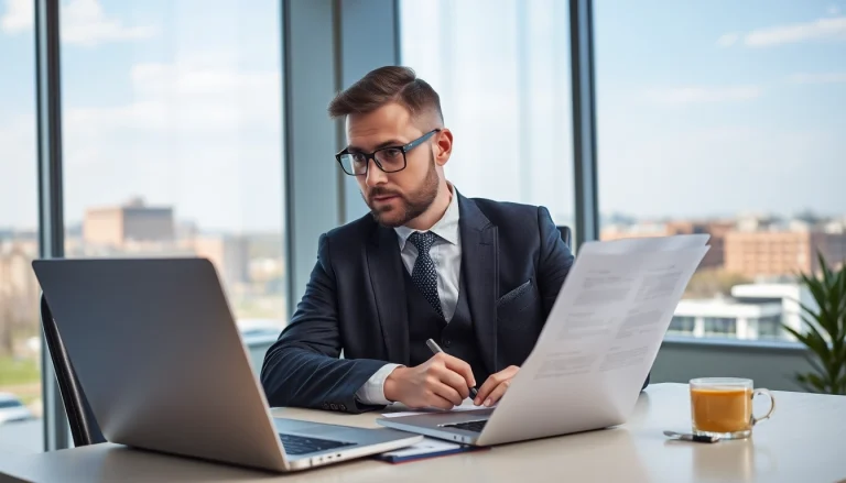 Professioneller Headhunter Jena im modernen Büro, der auf Laptop arbeitet.
