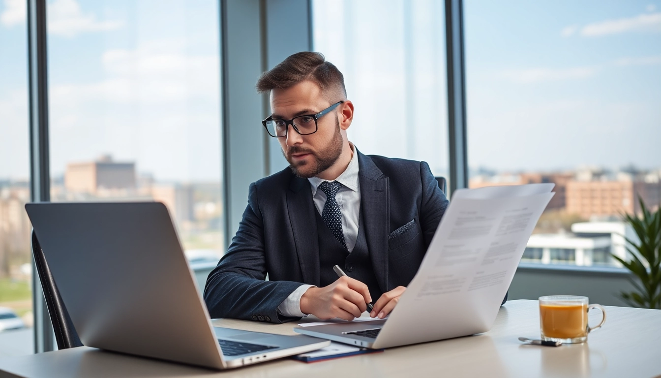 Professioneller Headhunter Jena im modernen Büro, der auf Laptop arbeitet.