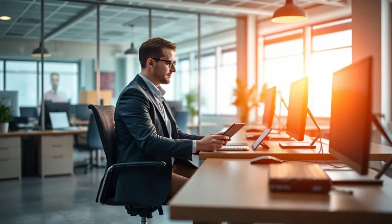 Headhunter IT Profi bei der Arbeit in modernem Büro mit Technologie.