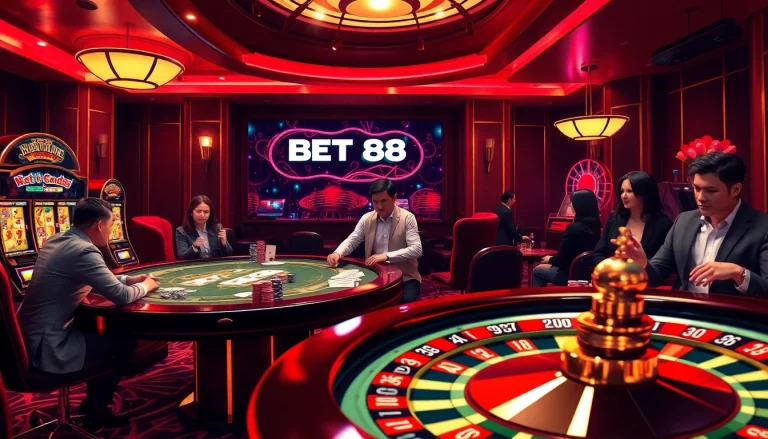 Engaging scene of players at a BET88 poker table, enhancing the thrill of casino gaming.