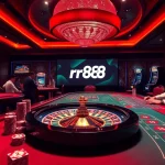 Play exciting games at rr88 with vibrant casino tables, poker chips, and roulette wheels.