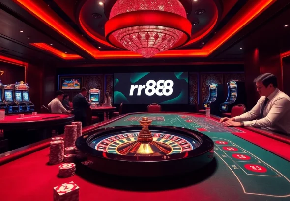 Play exciting games at rr88 with vibrant casino tables, poker chips, and roulette wheels.