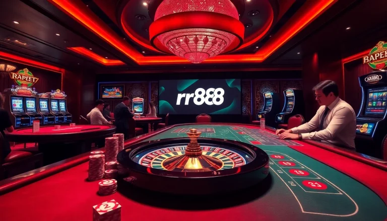 Play exciting games at rr88 with vibrant casino tables, poker chips, and roulette wheels.