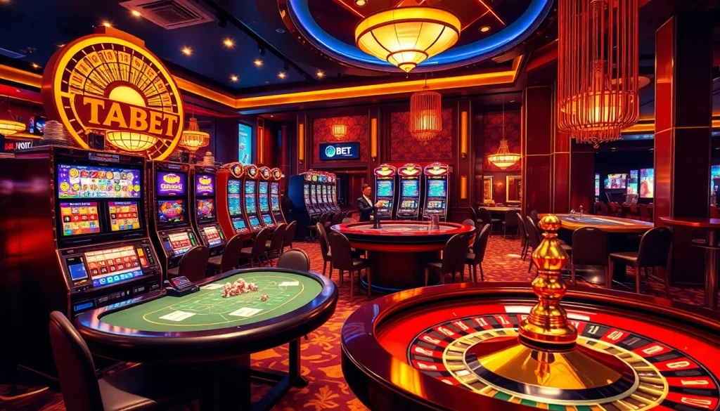 Experience thrilling gameplay on https://tha-bet.pro/ in a vibrant casino filled with slot machines and poker tables.