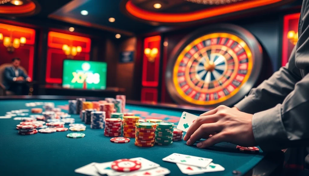 Players engage in strategy at a luxury XX88 casino table with poker chips and cards.