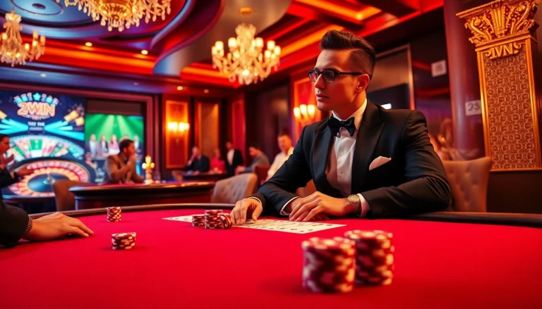 Exciting casino scene with poker action and the keyword 33WIN integrated into the atmosphere.