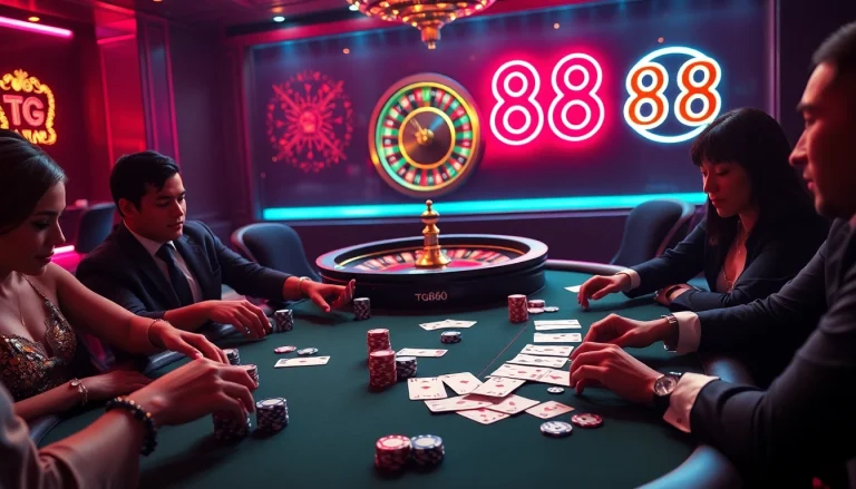 Players enjoy thrilling poker action at TG88, surrounded by vibrant casino elements and luxurious atmosphere.