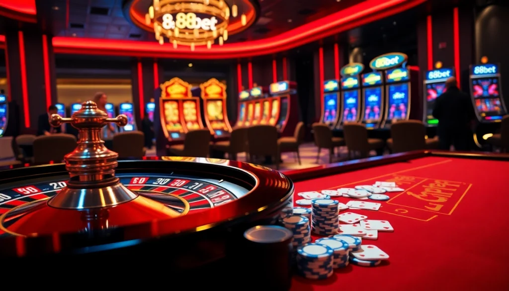 Experience the thrill of 88bet with poker chips and cards in an elegant casino setting.