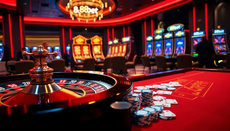 Experience the thrill of 88bet with poker chips and cards in an elegant casino setting.