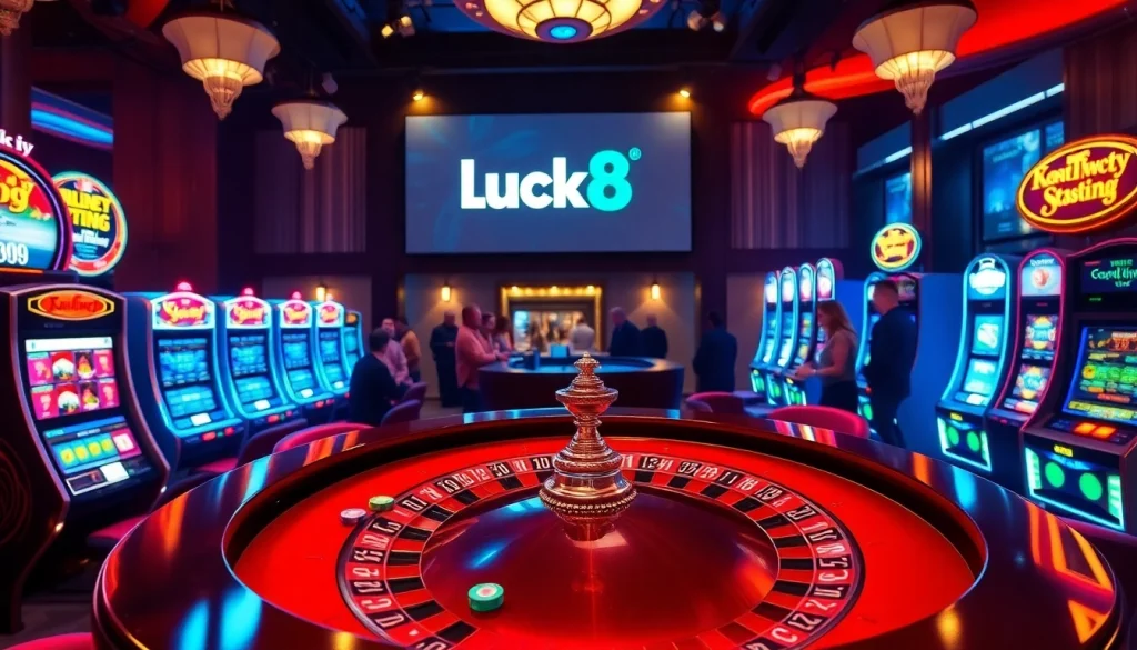 Luck8 casino experience featuring vibrant tables and slot machines in an exciting atmosphere.