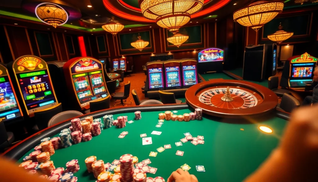 High-stakes gambling at a vibrant casino featuring cwin-themed poker tables and slots.