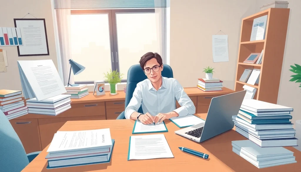 Beeidigter Übersetzer an einem Schreibtisch beim Übersetzen von Dokumenten, der Professionalität und Vertrauen vermittelt.