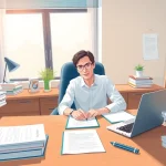 Beeidigter Übersetzer an einem Schreibtisch beim Übersetzen von Dokumenten, der Professionalität und Vertrauen vermittelt.