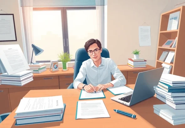 Beeidigter Übersetzer an einem Schreibtisch beim Übersetzen von Dokumenten, der Professionalität und Vertrauen vermittelt.