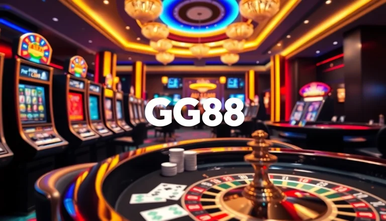 Engaging gaming scene at GG88 with vibrant slots, poker table, and roulette.