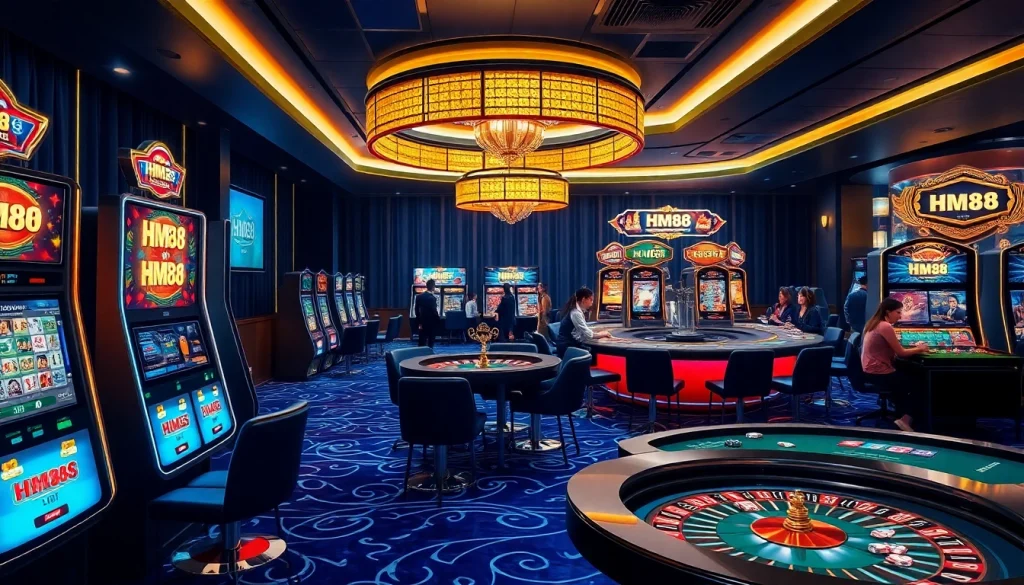 Experience high-stakes gambling at HM88 with vibrant casino tables and dynamic gaming interfaces.