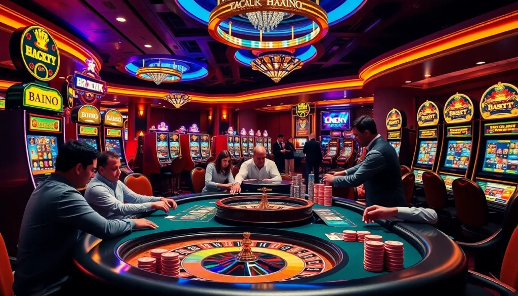 A thrilling poker game at https://topclub.website/ with vibrant slot machines and colorful poker chips.