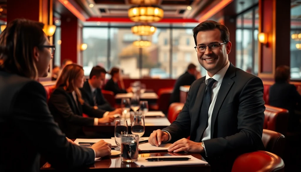 Headhunter Gastronomie in an elegant restaurant setting, engaging with candidates during recruitment.
