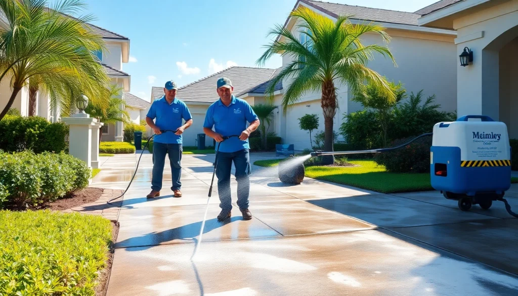 Concrete cleaning in Kissimmee showcasing a professional team using pressure washers for driveway and sidewalk restoration.