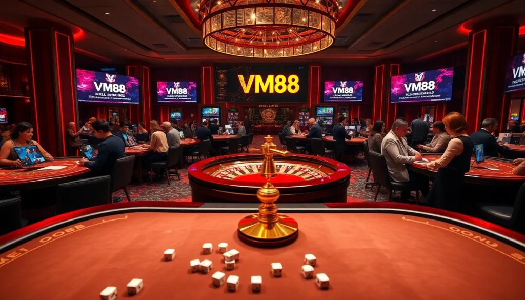Players enjoying a vibrant VM88 casino atmosphere with lively gaming tables and engaging online interfaces.