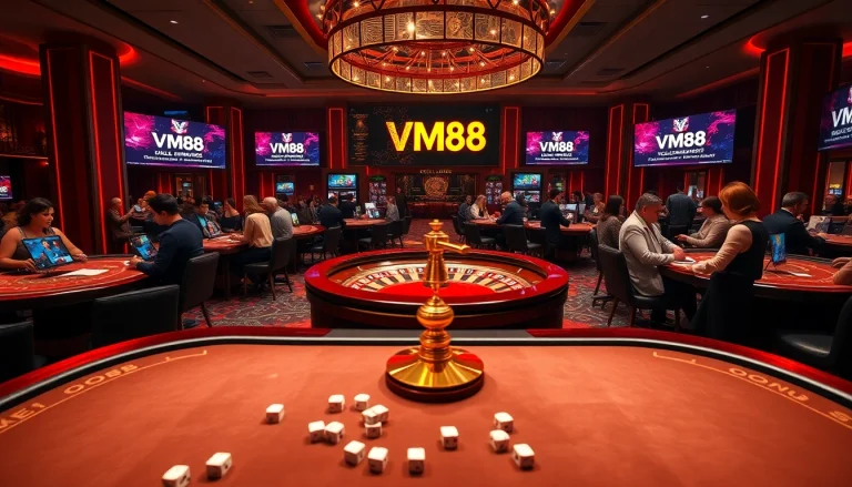 Players enjoying a vibrant VM88 casino atmosphere with lively gaming tables and engaging online interfaces.