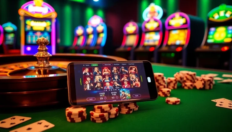 S8 smartphone showcasing online gambling next to casino roulette and poker chips