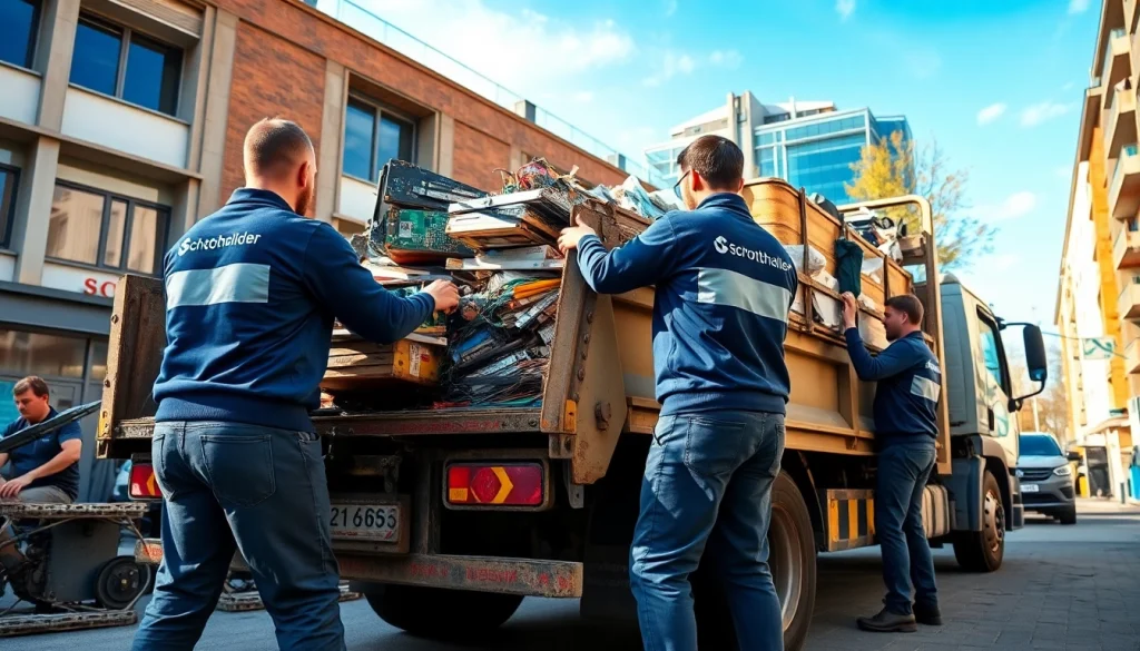 Zuverlässiges Schrotthändler Düsseldorf-Team sammelt Schrottmetalle in einer urbanen Umgebung.