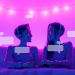 AI chat sex conversation featuring playful digital avatars in a cozy setting.