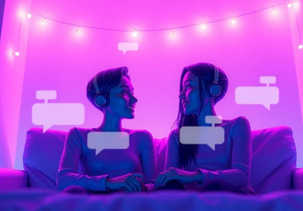 AI chat sex conversation featuring playful digital avatars in a cozy setting.